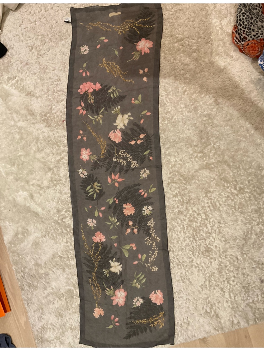 Salvatore Ferragamo Gray Floral Silk Scarf with Pink, White & Green Accents